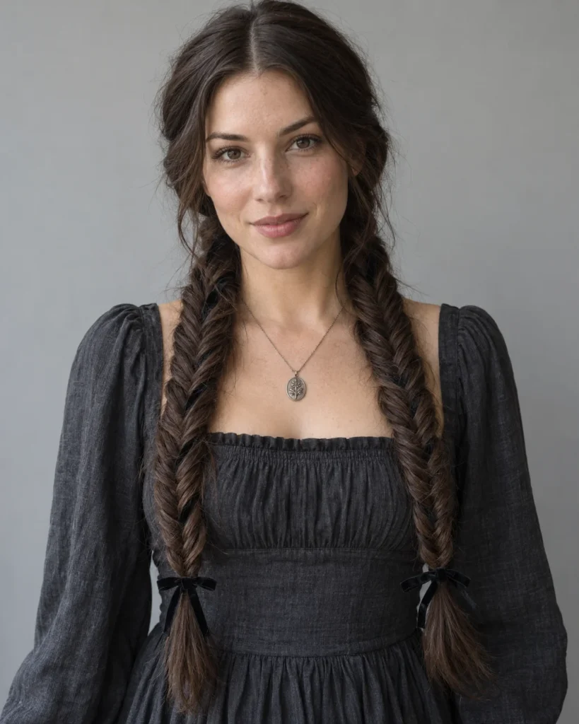 Double Fishtail Braids with Black Velvet Ribbons