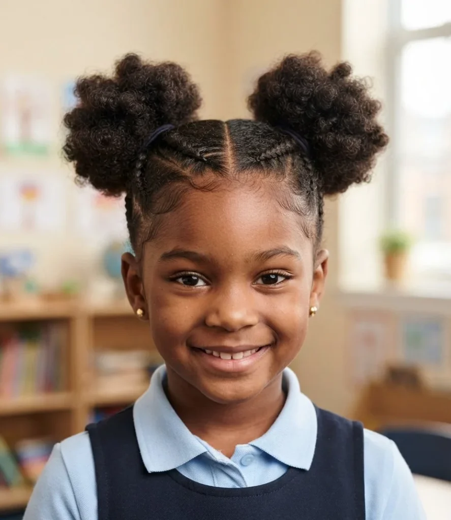 Double Space Buns with Braided Partings
