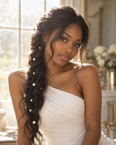 Loose Fishtail Side Drape with Pearl Pins