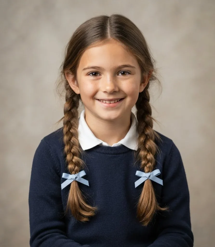 Sleek Low Pigtail Braids with Ribbon Ties